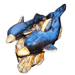 Dolphin On A Wave Ceramic Drip Glaze Vintage Ocean sea life Nautical Pottery Art